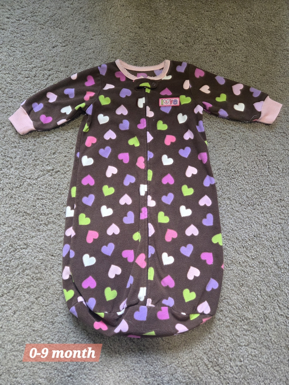 Brown Heart-Print Infant Sleep Gown - Pink Trim